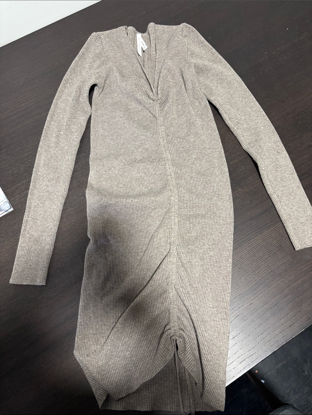 Ribbed Long Sleeve Midi Dress in Taupe